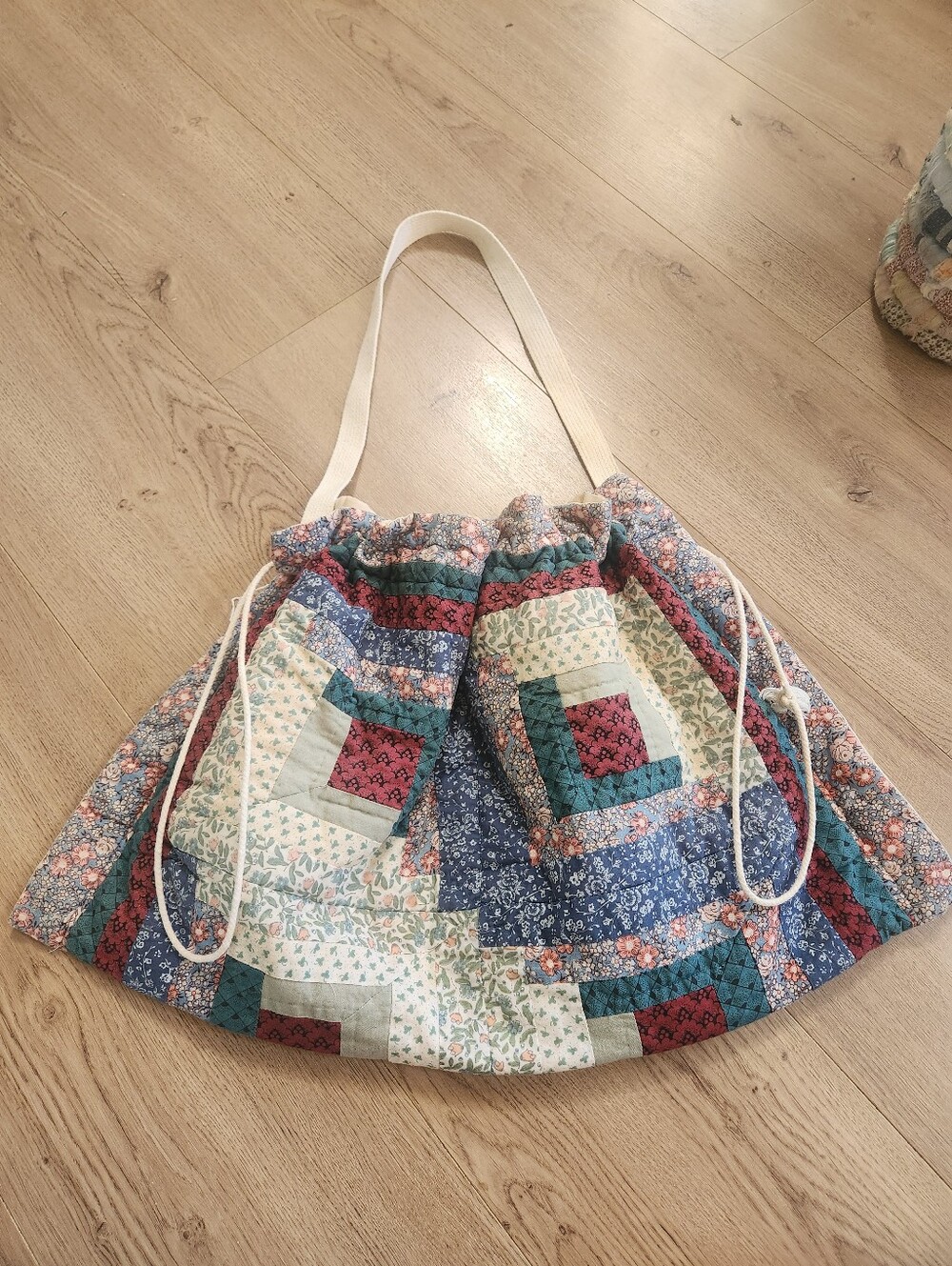 Handmade Quilted Patchwork Drawstring Tote Bag